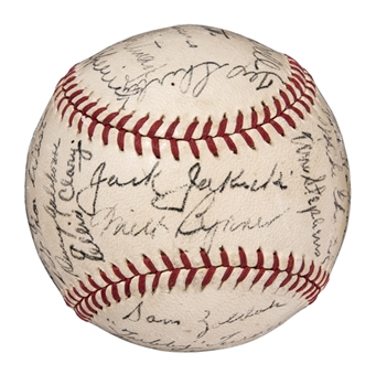 1944 St. Louis Browns American League Champions Team Signed OAL Harridge Baseball with 29 Signatures (JSA)